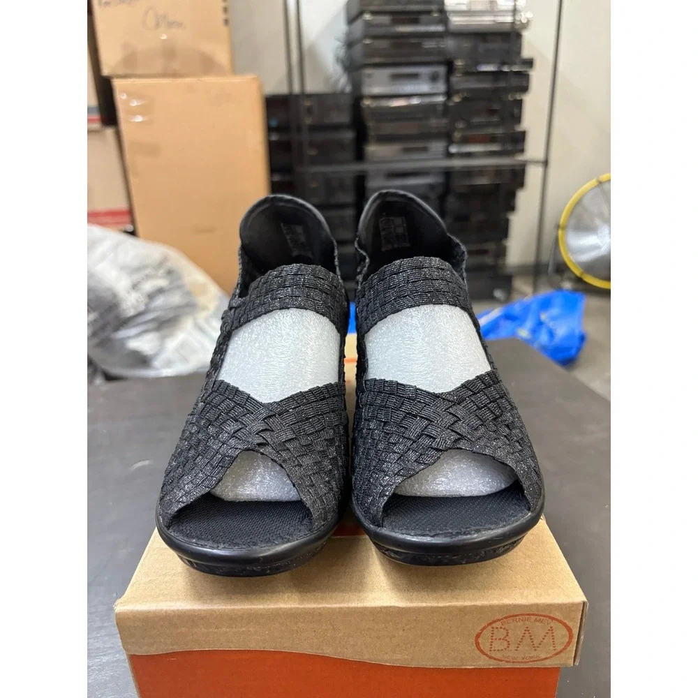 Bernie Mev Lane Black Metallic Woven Wedge Sandals Women Size 37 US 6-6.5 NEW